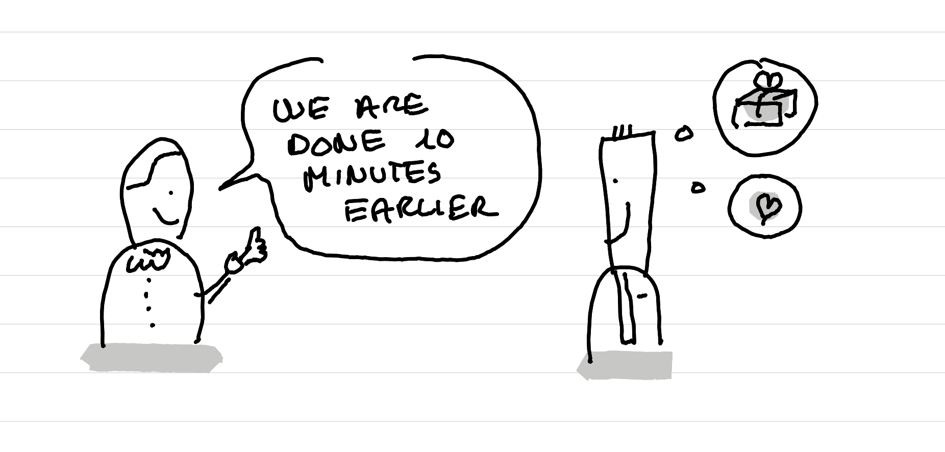 An illustration showing a facilitator saying - we are done 10 minutes earlier and a participant thinking - I love you and feeling this is a gift