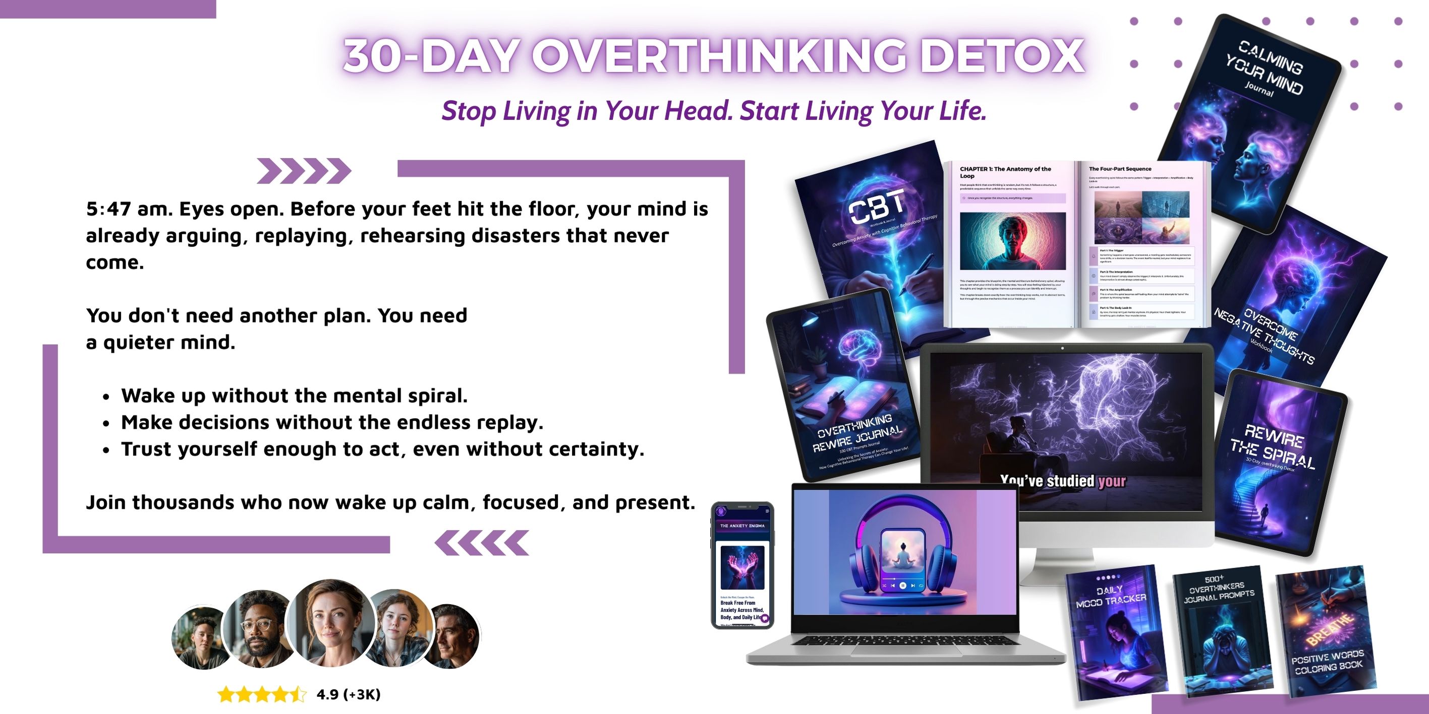 30-day overthinking detox program displayed with anxiety journals, CBT workbook, guided meditations, mood tracker, and digital tools shown on books, phone, laptop, and desktop, designed to reduce anxiety, stop mental spirals, and calm an overactive mind.
