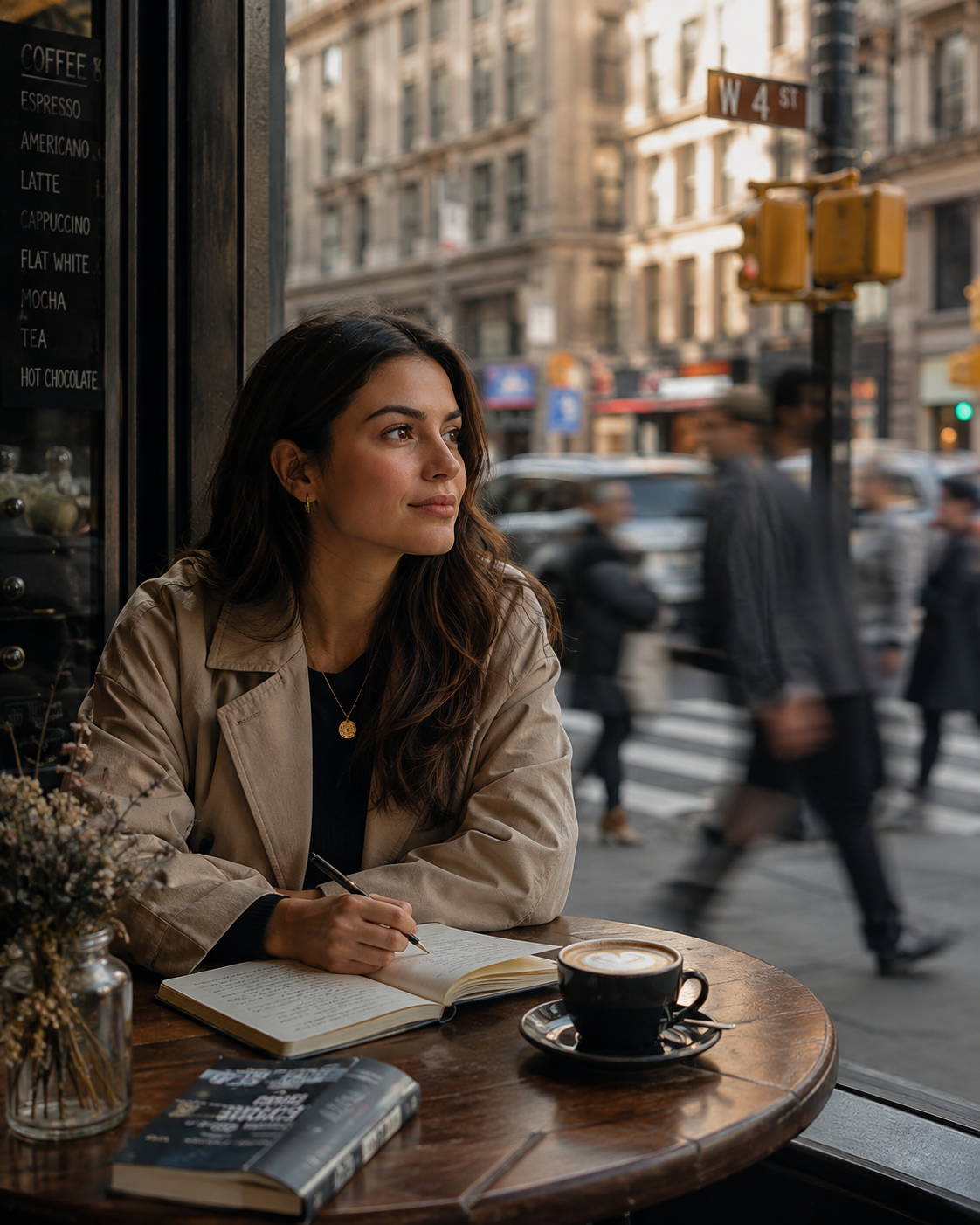 A woman sitting alone with coffee and a notebook at a cafe table while a street moves behind her