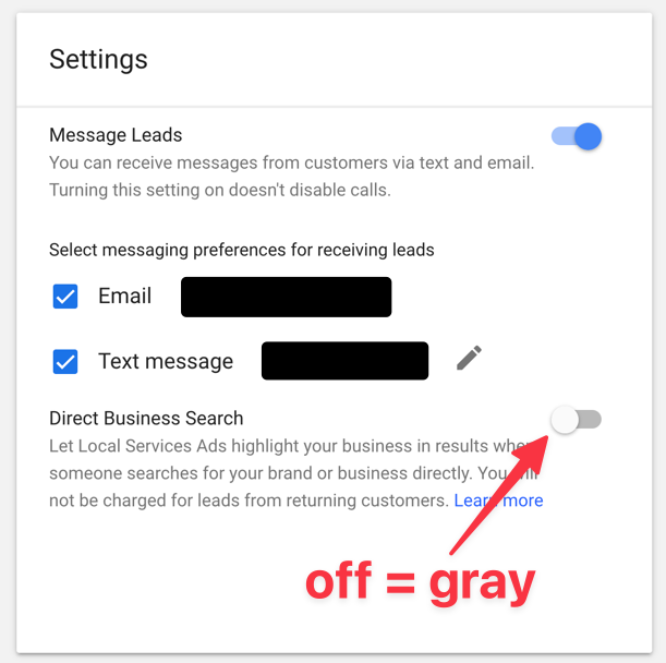 how to turn off Direct Business Search in Google LSA