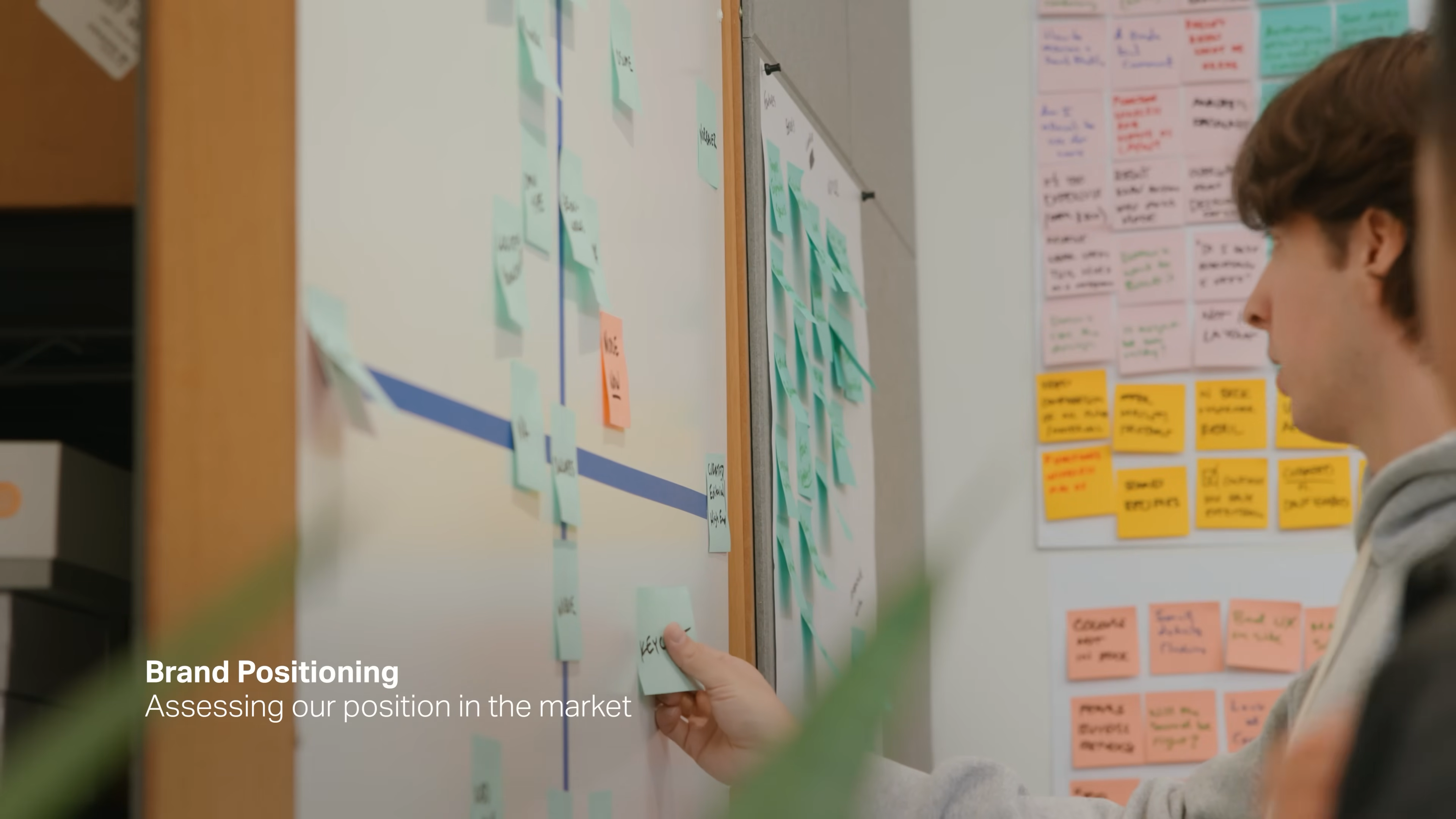 Team member evaluating brand positioning with sticky notes on a whiteboard, assessing market position during Mode’s rebrand workshop in Matthew Encina’s video.