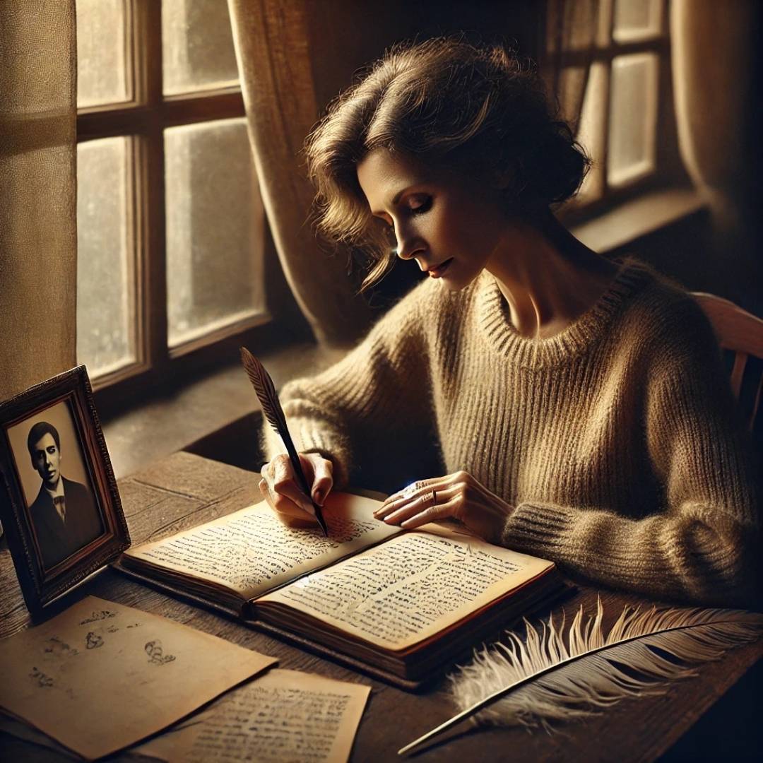 femme écrivant dans un carnet ancien à la plume, avec une photo d’ancêtre, illustrant la mémoire transgénérationnelle des prénoms