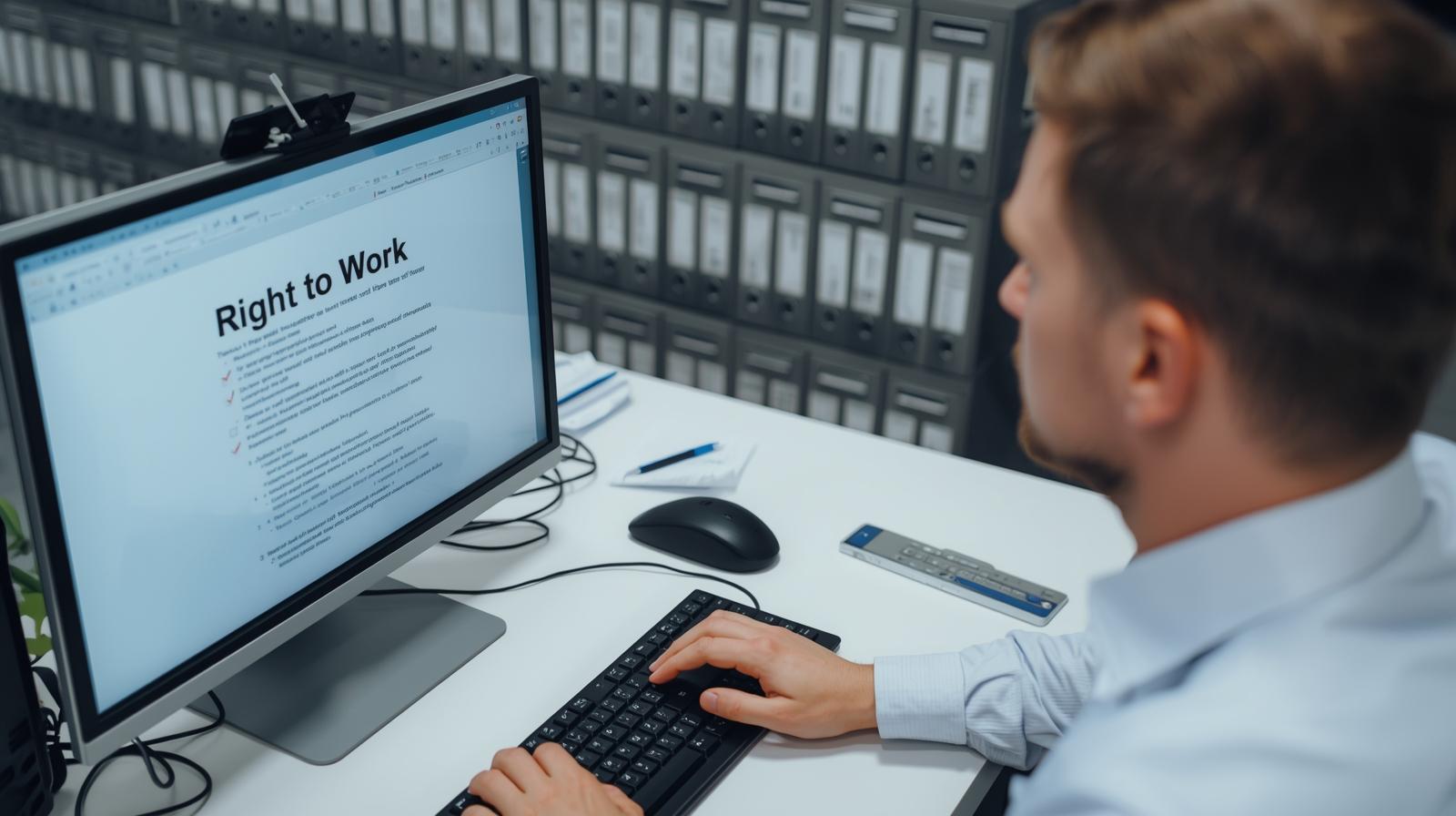 HR professional completing right to work check on computer