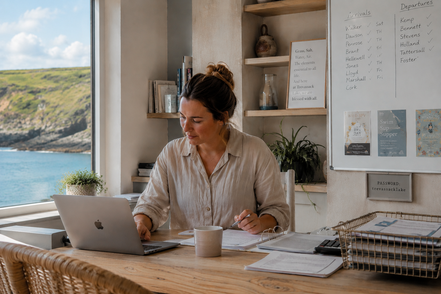 A small hospitality back-office space in natural light, laptop and paper invoices on a desk, a person reviewing numbers with a considered expression, coffee cup nearby. Pale coastal colour palette, warm cream and sea blue, bleached wood desk. Feels like a real Cornwall boutique hotel office, not a corporate finance department. No dramatic lighting, no stock-photo "stressed businessman" energy.