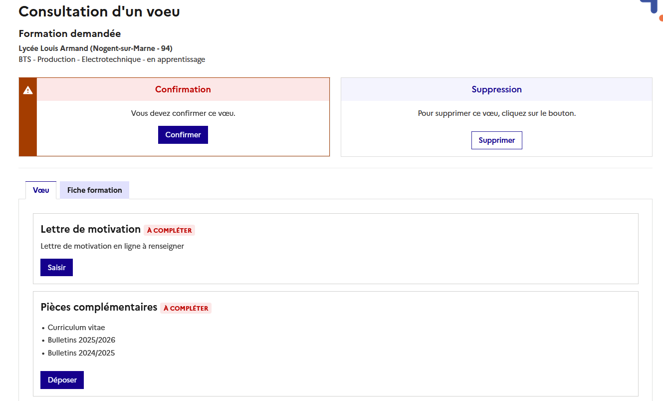 Aperçu du tableau de bord d'une formation sur la platefoerme Parcoursup