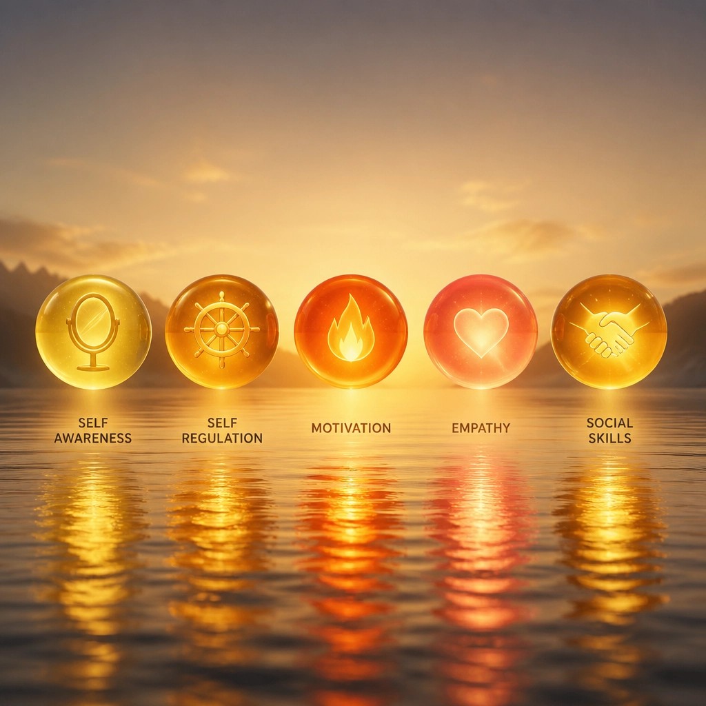 "Five glowing orbs of light floating over a calm ocean at twilight, representing the pillars of EQ."