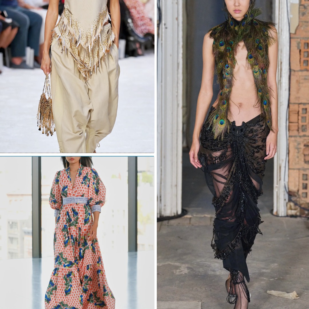 Collage for the article “Boho Motifs and Their Meanings,” featuring Dilara Findikoglu Spring 2023, Rabanne Spring 2024, and Badgley Mischka Spring 2022 runway looks with feather and bead embellishments.