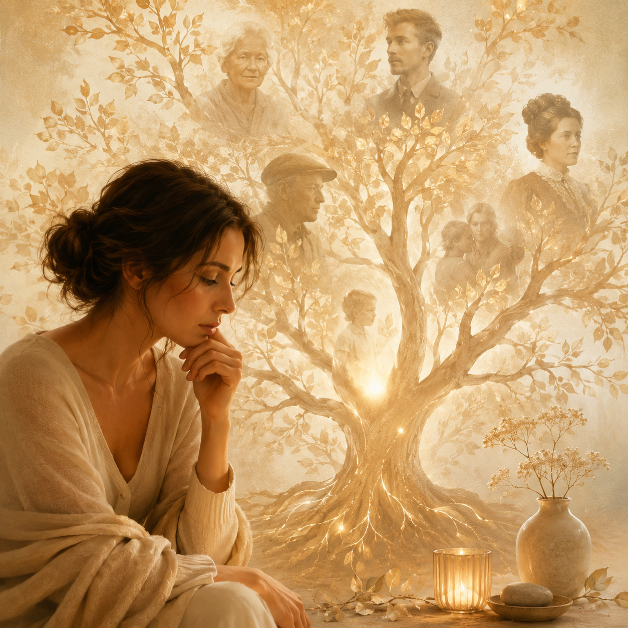 femme pensive devant un arbre familial symbolisant les signes possibles du syndrome du gisant transgénérationnel