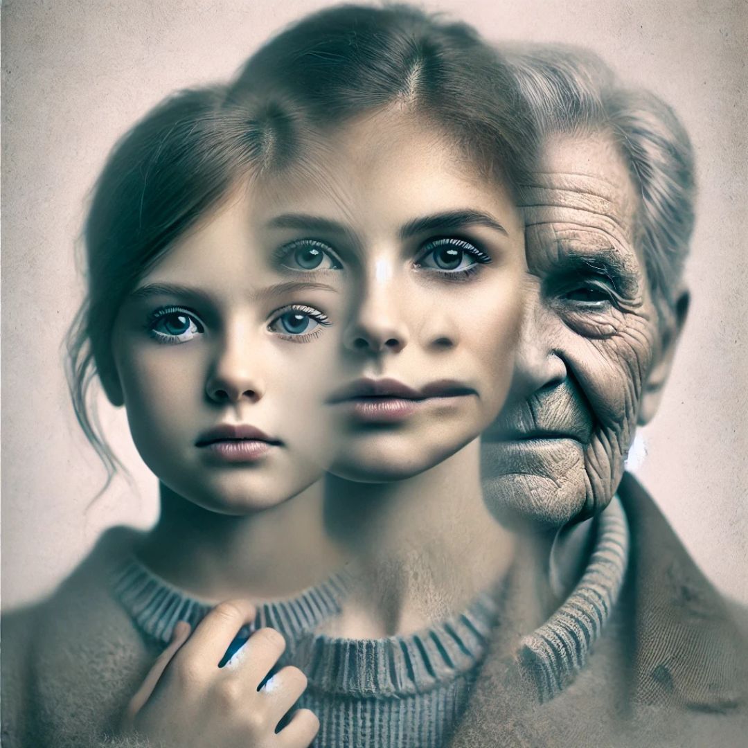 Portrait symbolique d’une femme superposée à son enfant intérieur et à un ancêtre, illustrant les blessures transgénérationnelles