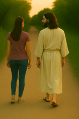 Jesus and a woman stroll down a peaceful path, engaged in conversation.