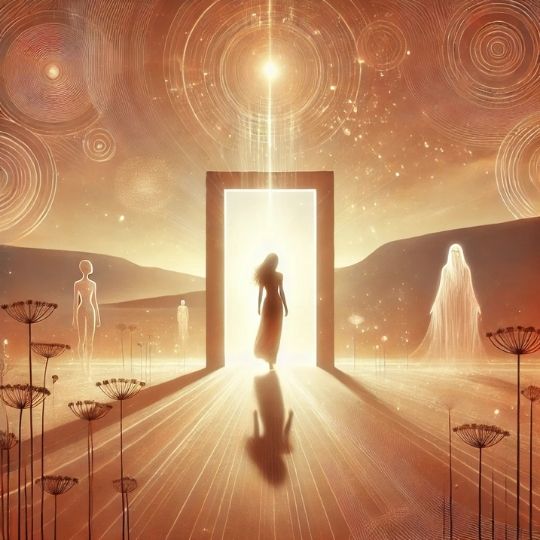 Femme franchissant un seuil lumineux, les figures ancestrales s'effaçant derrière elle — symbole d’un nouveau départ après libération transgénérationnelle.