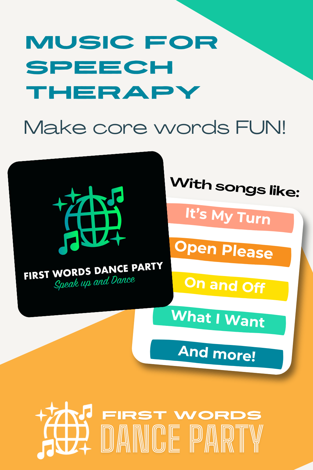 An album cover of music for speech therapy that targets core words.