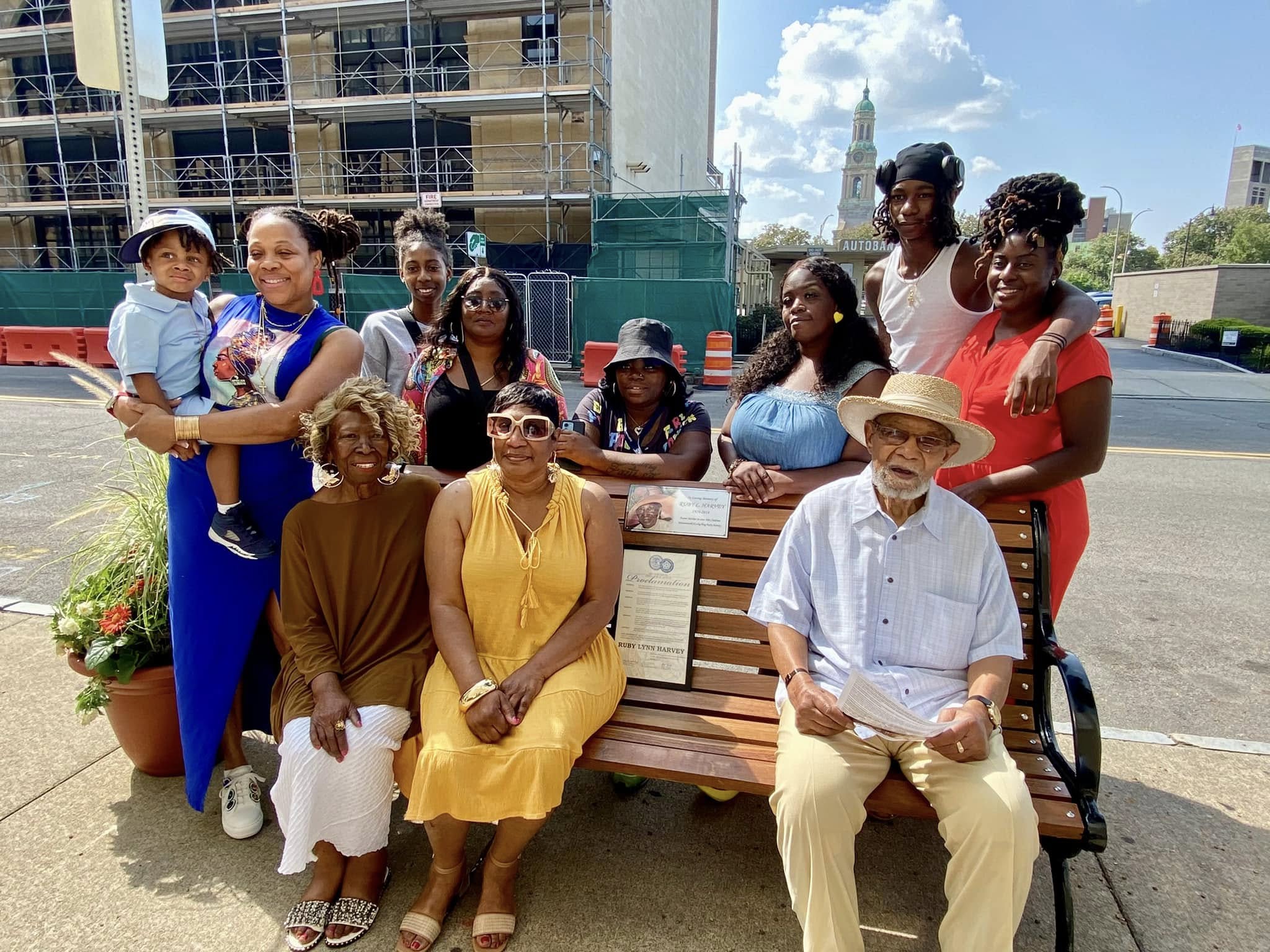 The family of Ruby Harvey at the commemoration of a bench & flower planter in her name