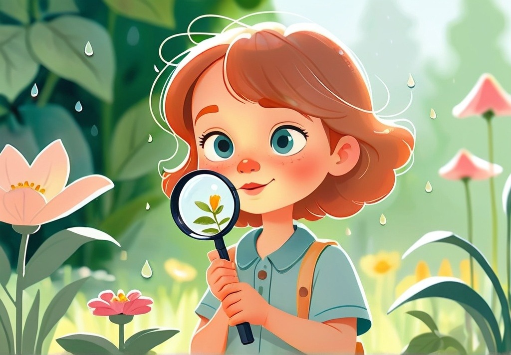 Child studying a raindrop on a flower