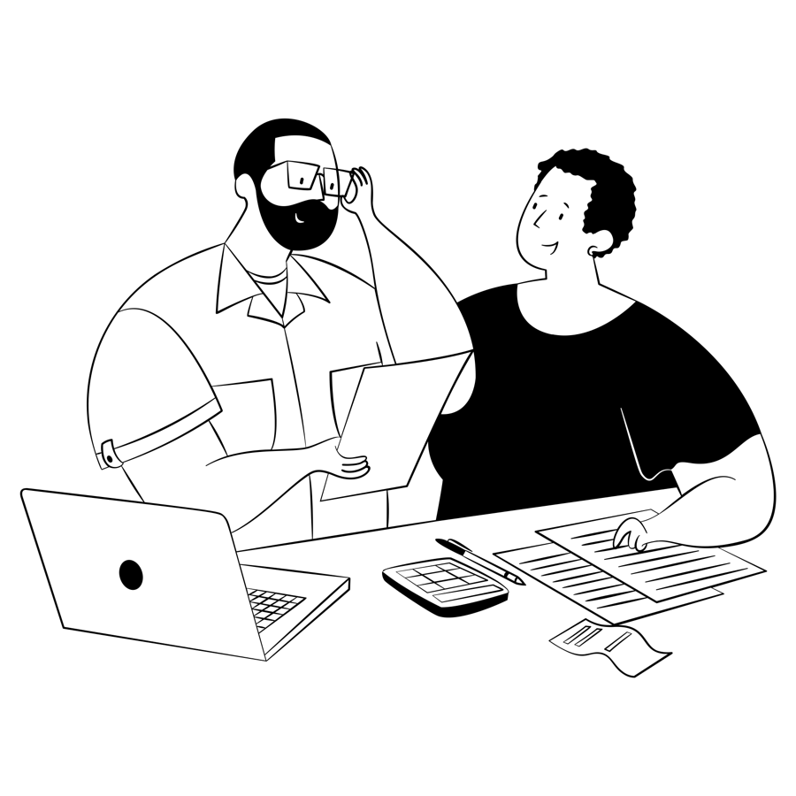 An illustration of two people going over documents with a calculator and a laptop