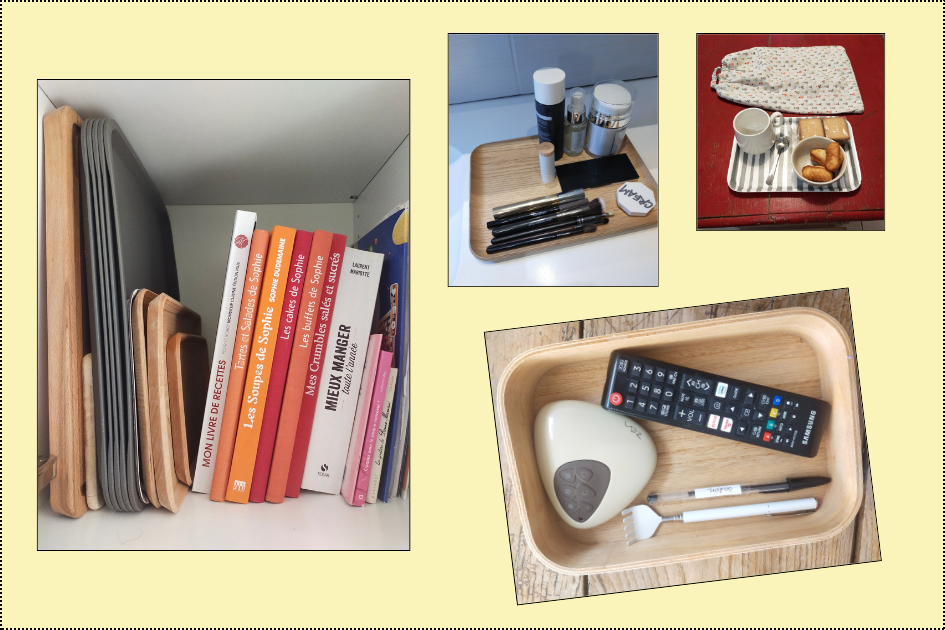 Plateaux de rangement pour regrouper objets du quotidien (télécommande, maquillage, livres) et organiser facilement une table ou une étagère.