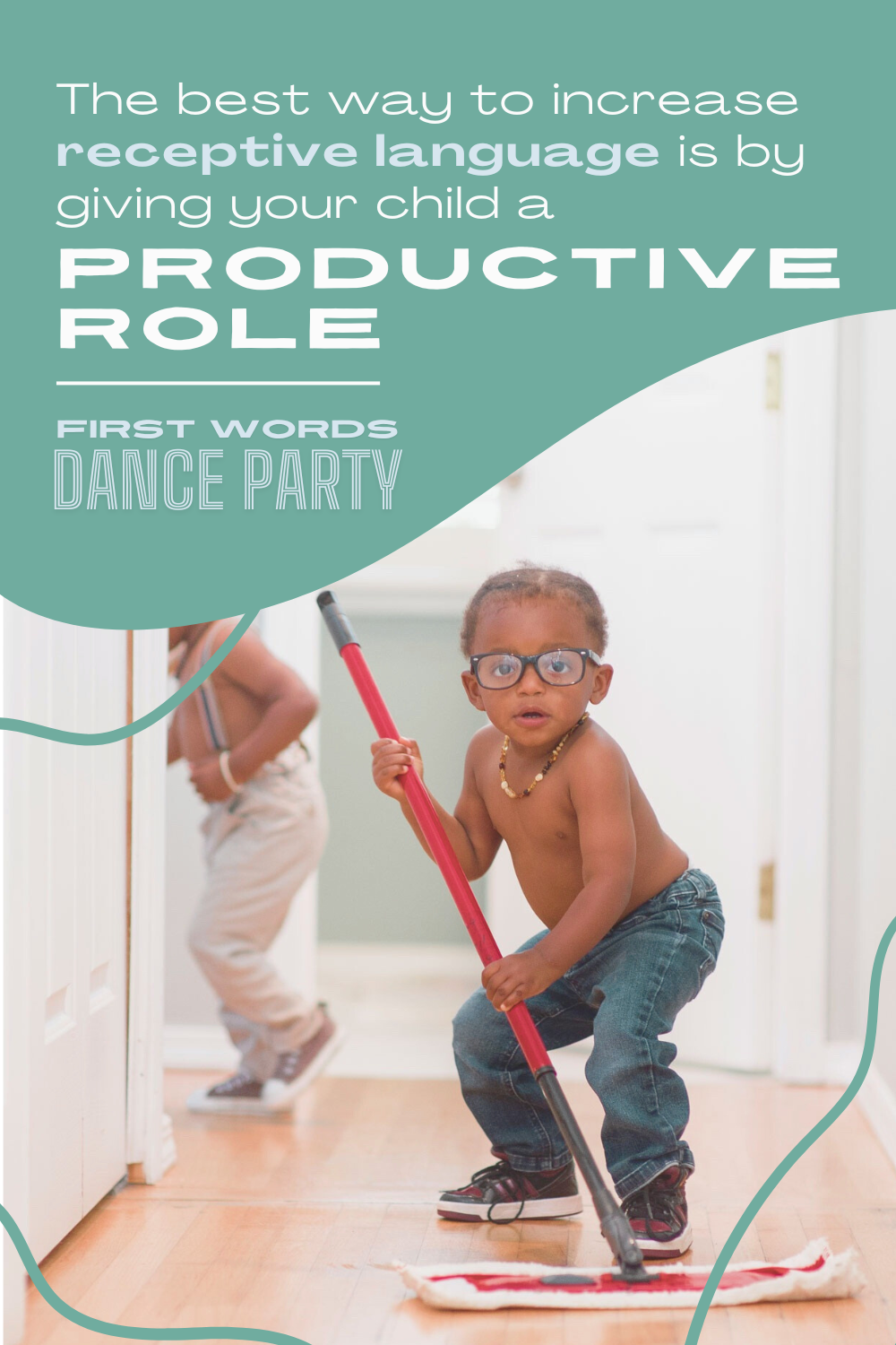 A child with a receptive language delay helping to mop the kitchen.