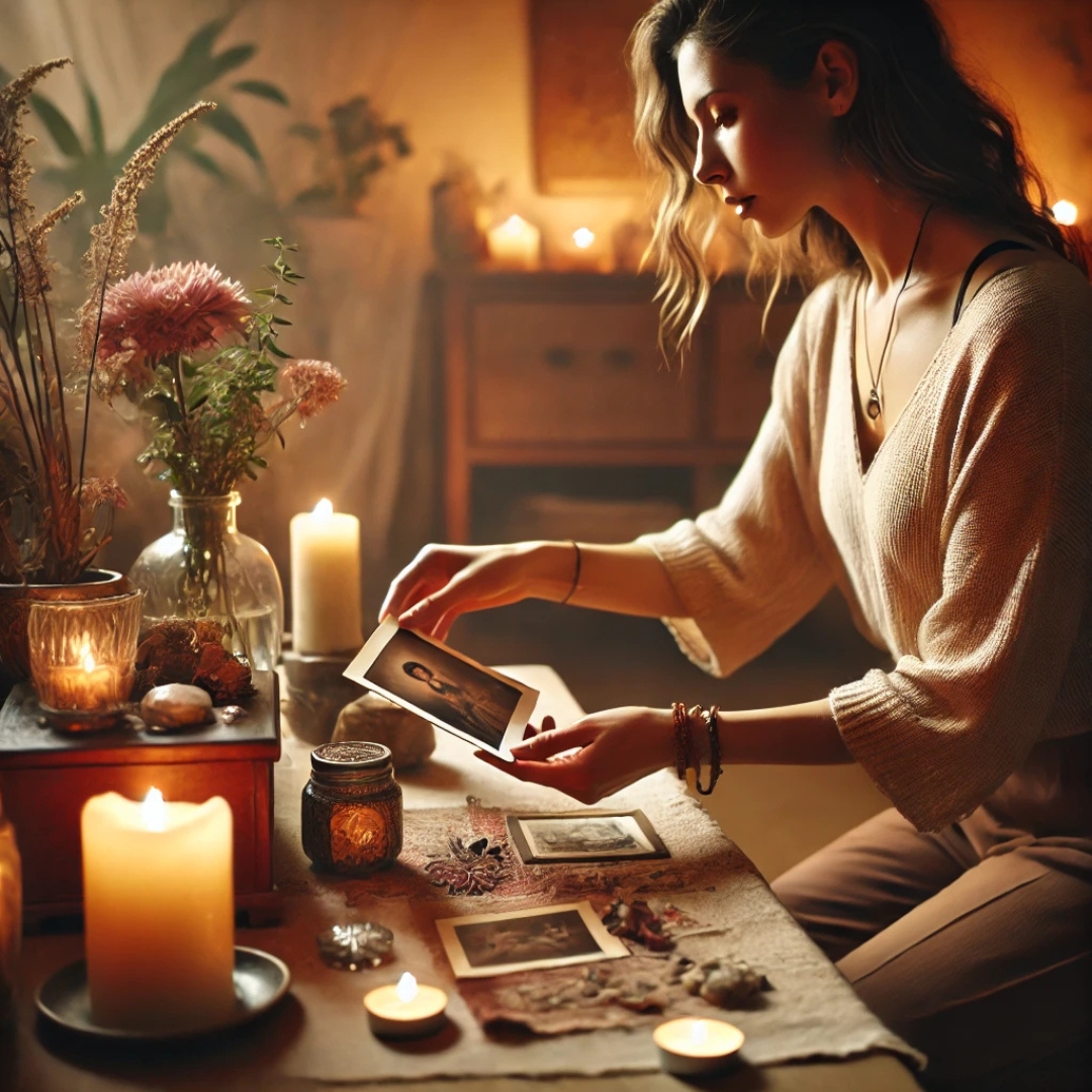 Femme réalisant un rituel symbolique de guérison en plaçant une photo dans un espace sacré pour honorer ses ancêtres et libérer la honte transgénérationnelle