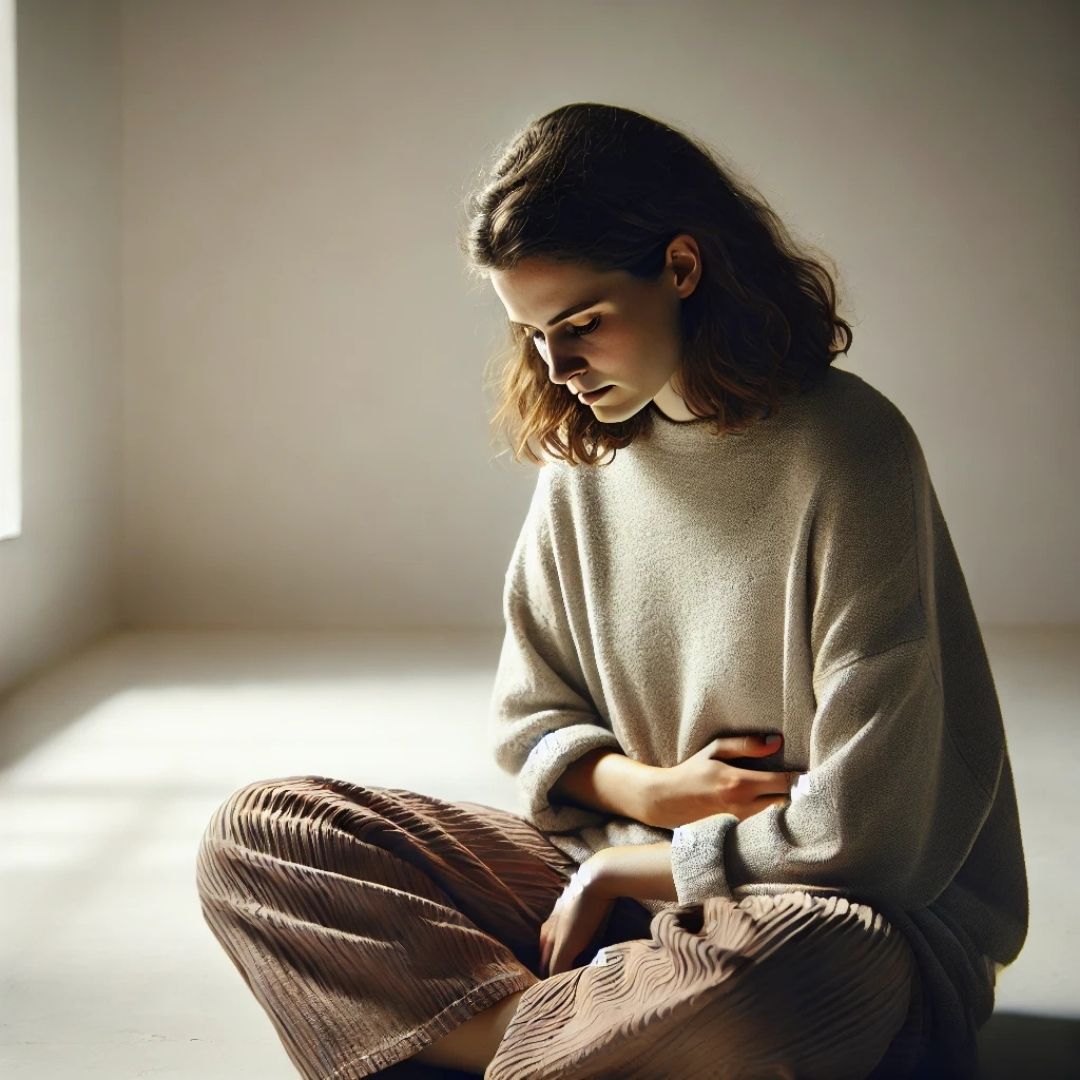 Femme assise au sol dans une posture repliée, tenant son ventre avec une expression de tristesse, illustrant les symptômes émotionnels de la blessure d’humiliation