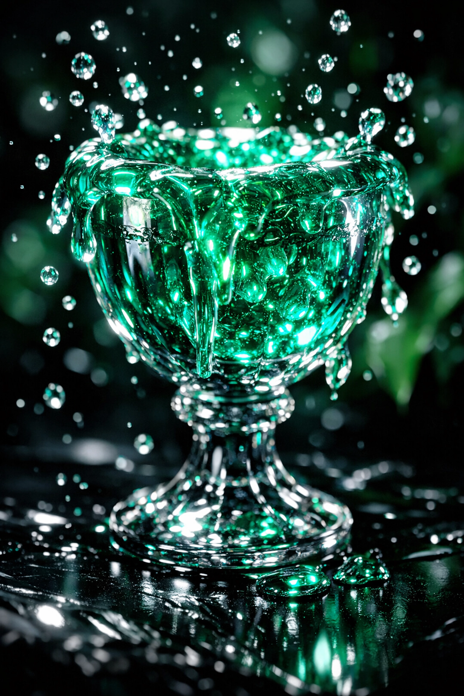 An elegant, overflowing emerald green chalice or goblet, symbolizing high-vibration confidence and emotional abundance.
