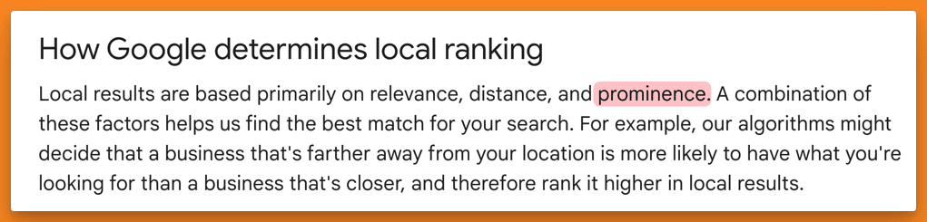 screenshot of Google Business Profile help page discussing prominence as a ranking factor