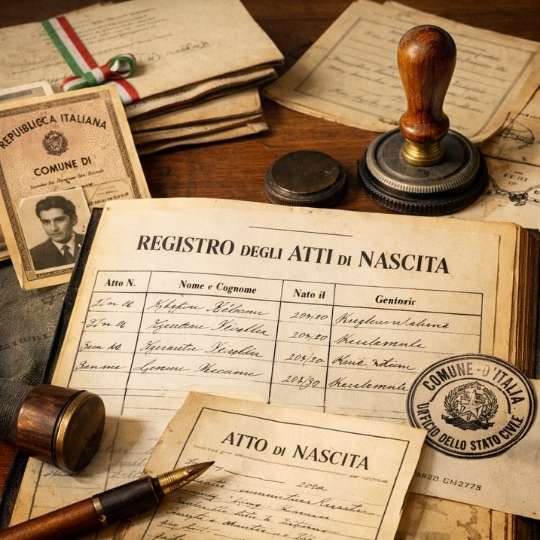 Registre d’état civil italien avec acte de naissance et tampon officiel d’un comune pour retrouver ses ancêtres.