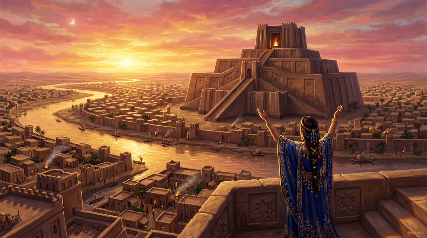 A wide digital illustration of an ancient Mesopotamian cityscape at sunset. In the foreground, a woman stands on a stone balcony viewed from behind, wearing an ornate blue gown with gold embroidery and her arms raised toward a massive, towering ziggurat. Below her, a wide river winding through a sprawling city of mud-brick buildings is dotted with small boats, all illuminated by the warm, golden glow of the setting sun.