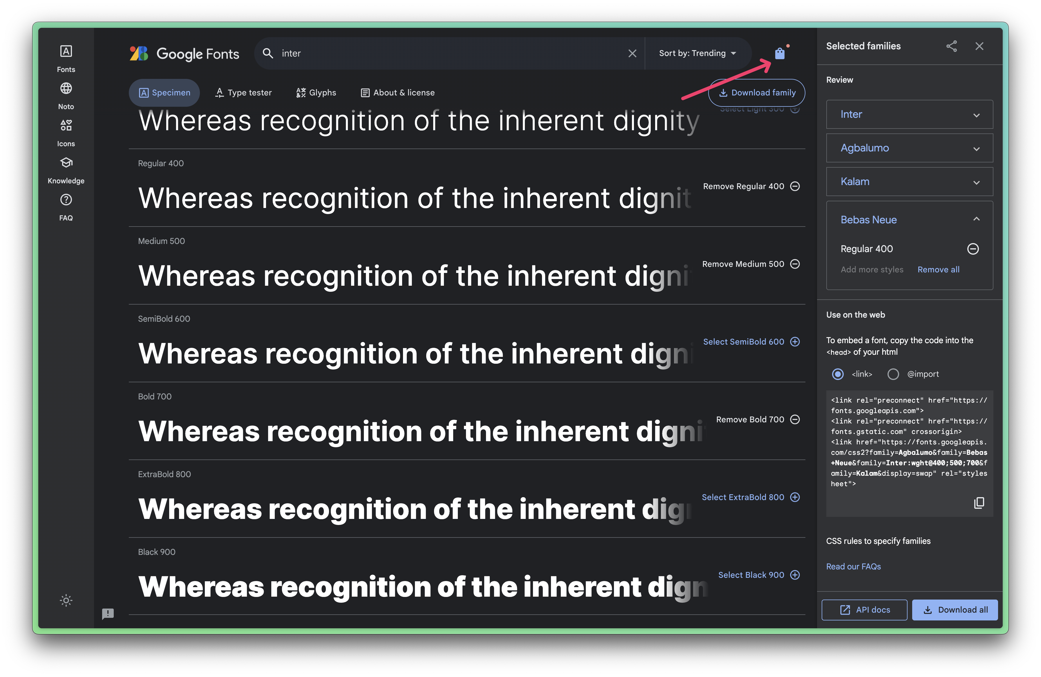 Toggle sidebar in Google Fonts
