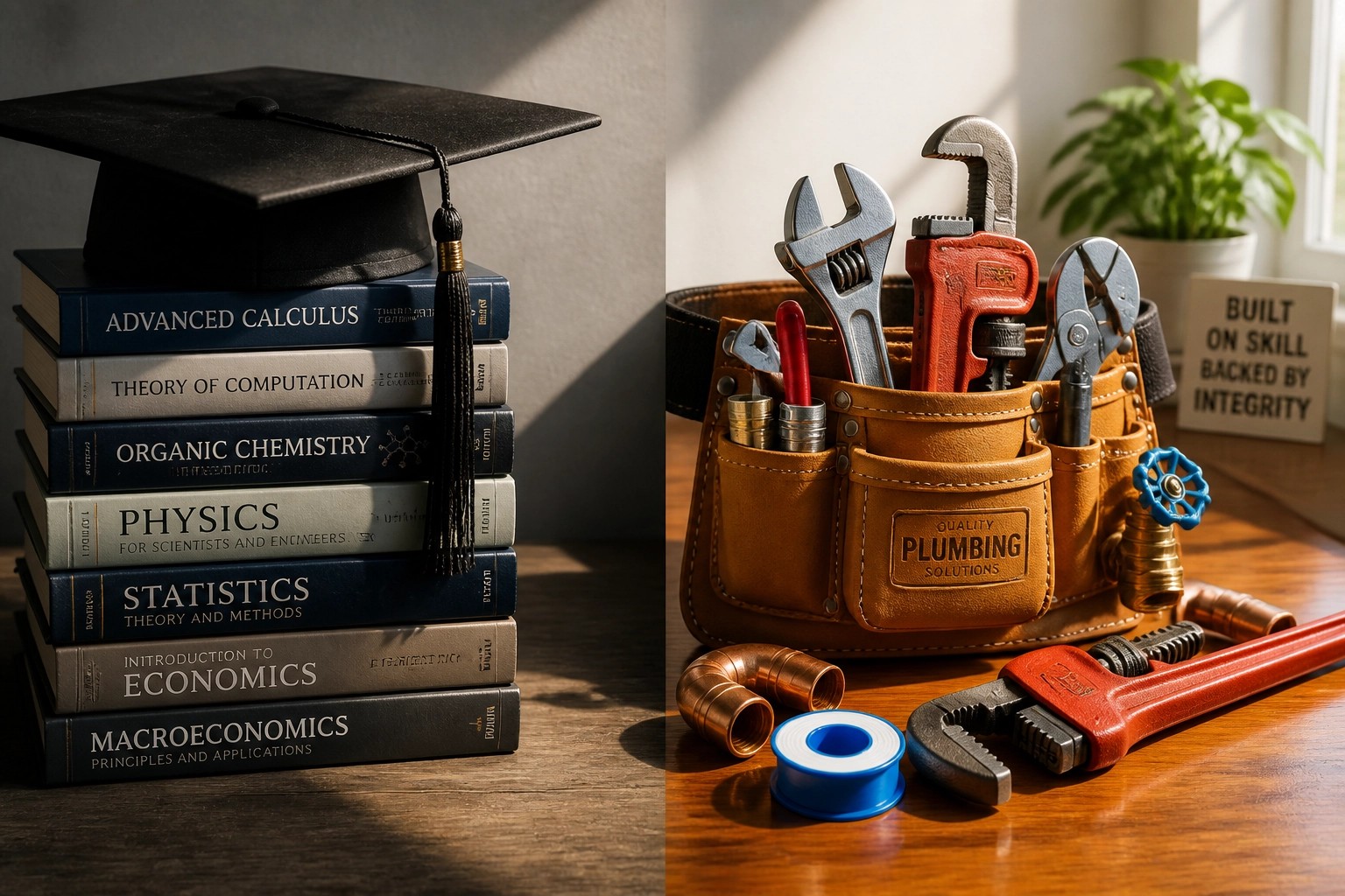 A stack of university textbooks sitting next to a professional tool belt, representing the choice between student debt and financial freedom.