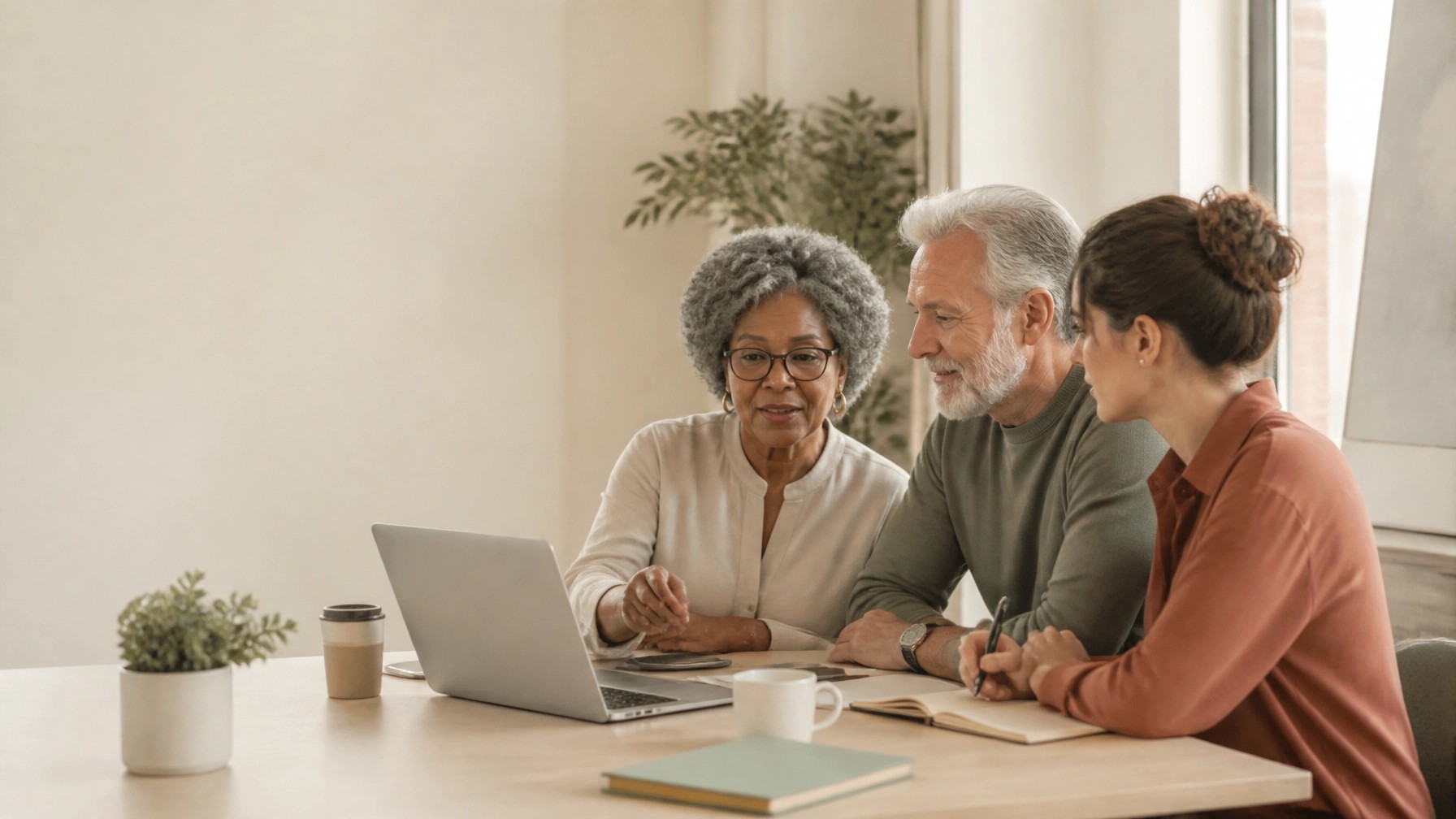 Older and younger adults collaborating around a table with a laptop and notebooks in a bright room.