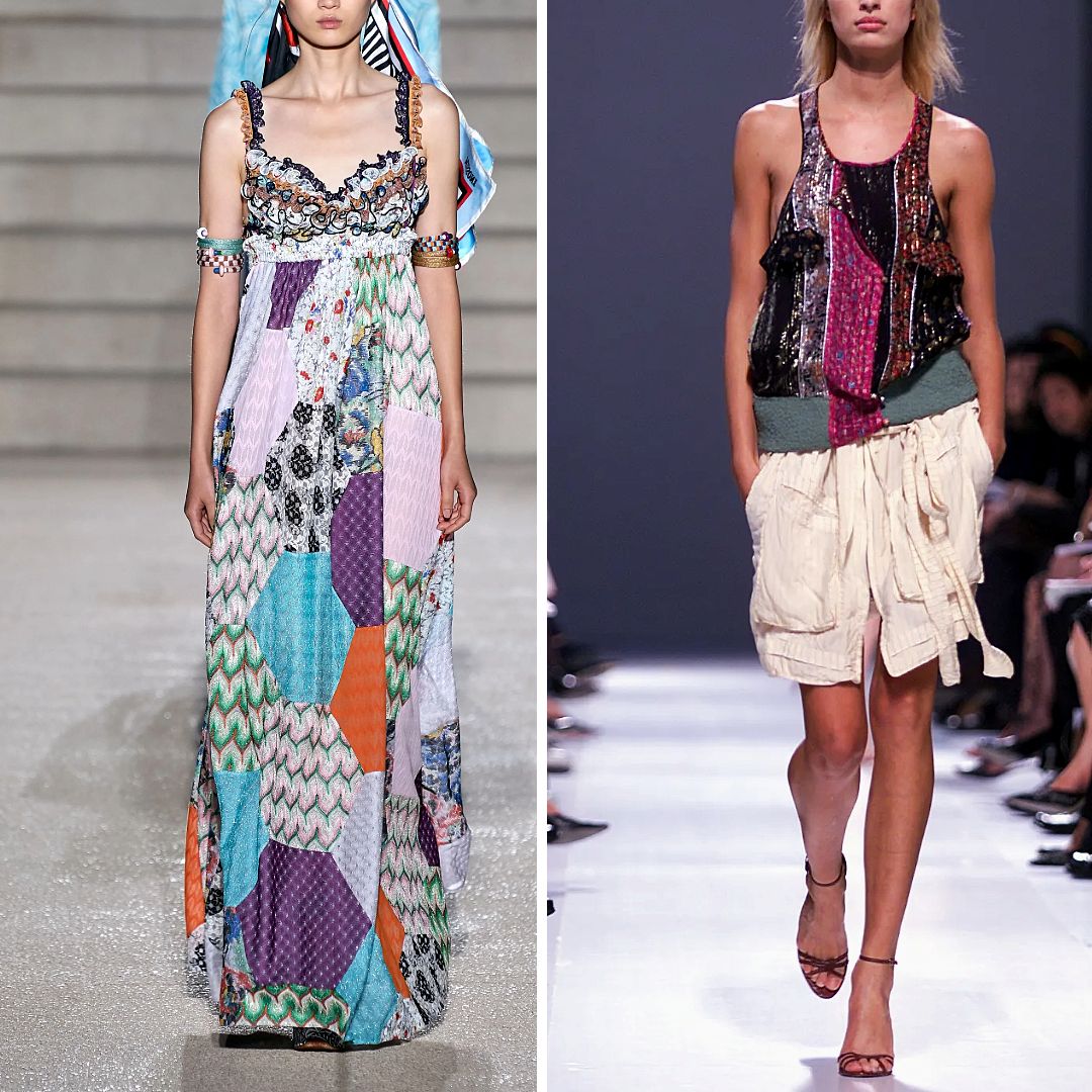 Collage of two runway looks: left, model in Missoni Spring 2020 wearing a flowing patchwork maxi dress with zigzag, floral, and geometric patterns in vibrant colours; right, model in Balenciaga Spring 2002 in a slinky asymmetric top made from printed strips, paired with a draped cream mini skirt.