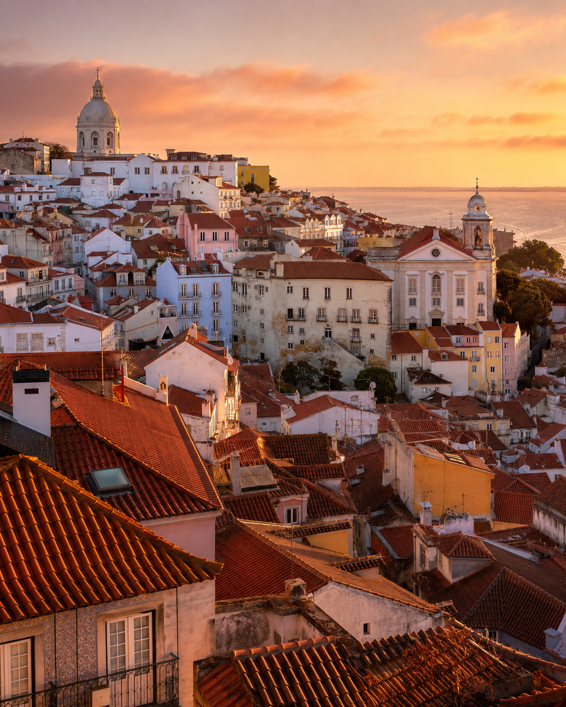 The terracotta rooftops of Alfama at sunset, Lisbon's oldest neighborhood, with whitewashed buildings and traditional tiled facades cascading down the hillside toward the Targus River