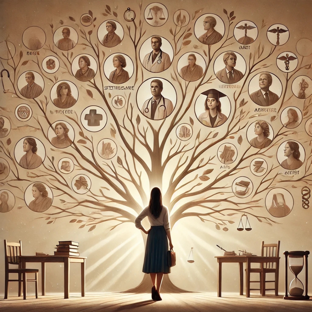 Femme observant un arbre généalogique symbolique dont les branches sont ornées de métiers, illustrant l’influence transgénérationnelle sur le parcours professionnel