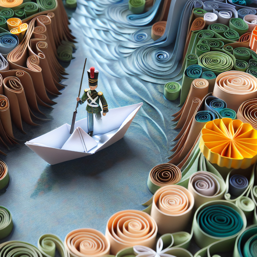 The brave tin soldier floating in a paper boat in stream. Image in the style of paper quilling.