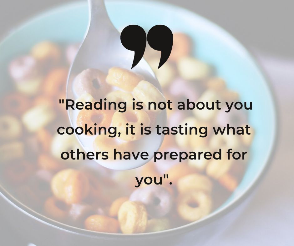 a bowl of flakes with a spoon and a text quote