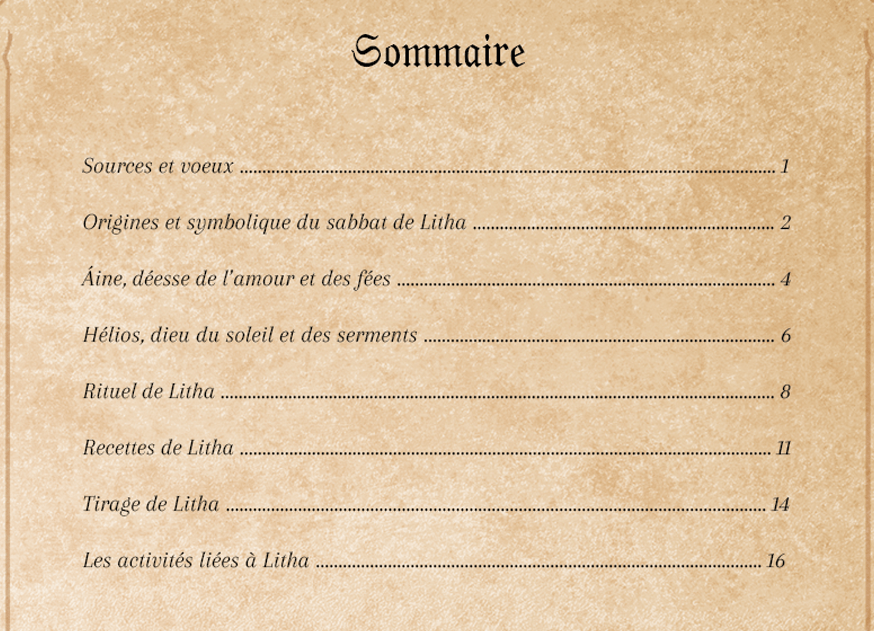 Sommaire Livret-grimoire Litha