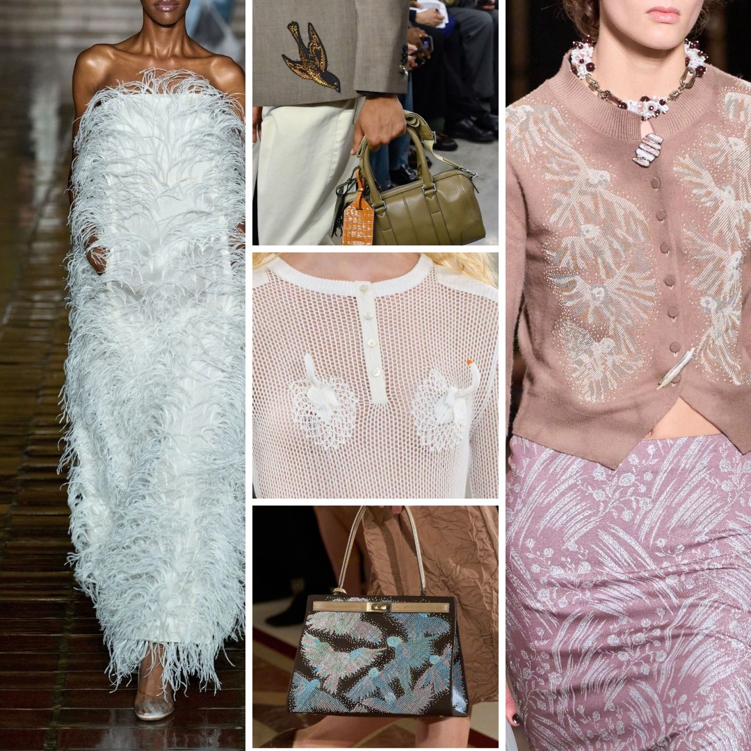 Spring/Summer 2026 runway details showing bird-related embellishment: a dress constructed entirely from white feathers, a bird motif embroidered on a tailored jacket sleeve, bird-shaped embroidery placed on sheer knitwear, symmetrical bird embroidery on a cardigan, and bird imagery applied to an accessory surface.