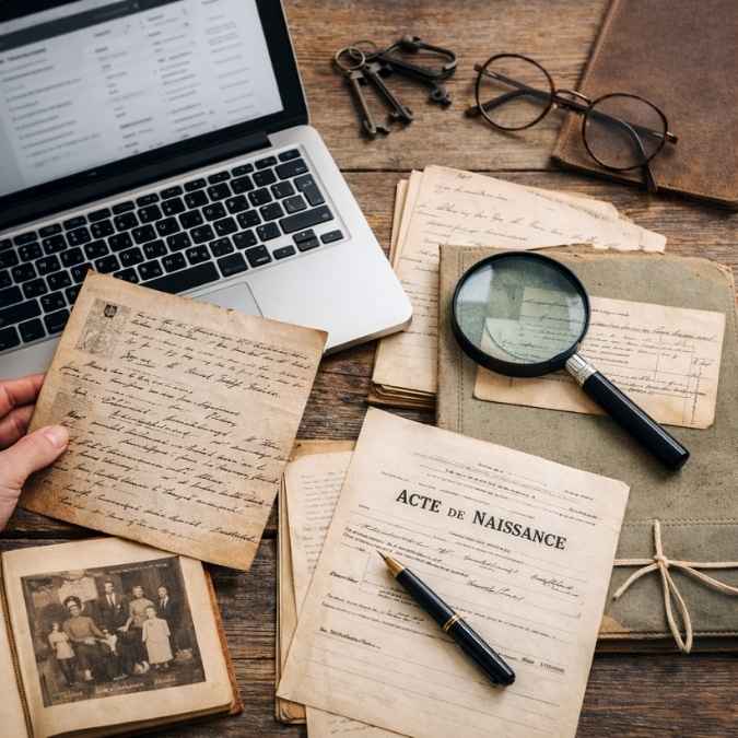 Archives familiales françaises utilisées pour une recherche transgénérationnelle, avec documents d’état civil, registres anciens et consultation en ligne
