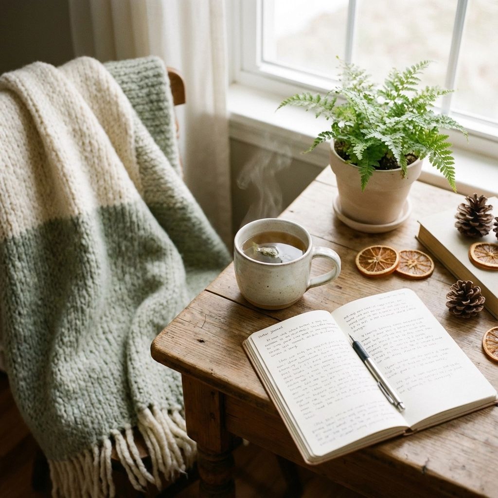 Evening wind-down routine with herbal tea and book to prepare for restorative sleep