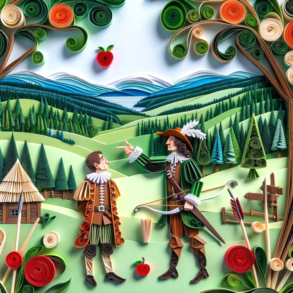 William Tell taking aim above son's head. Image in the style of paper quilling.