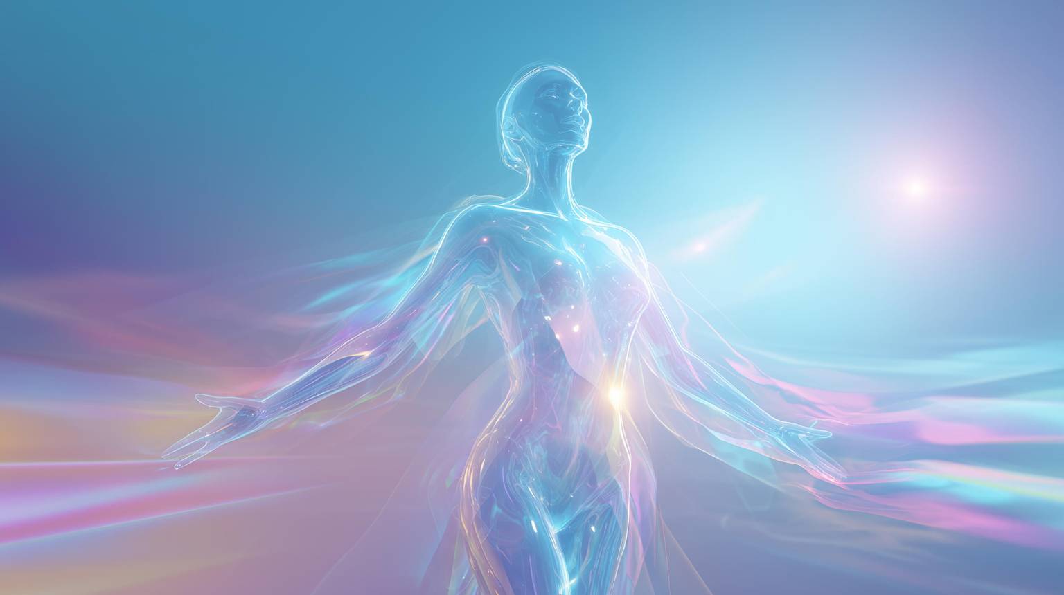 A luminous futuristic scene showing a translucent, feminine holographic human figure with arms gently open, glowing in soft blue, violet, and pink light, standing in an expansive radiant space that conveys freedom, integration, and living calmly from within.