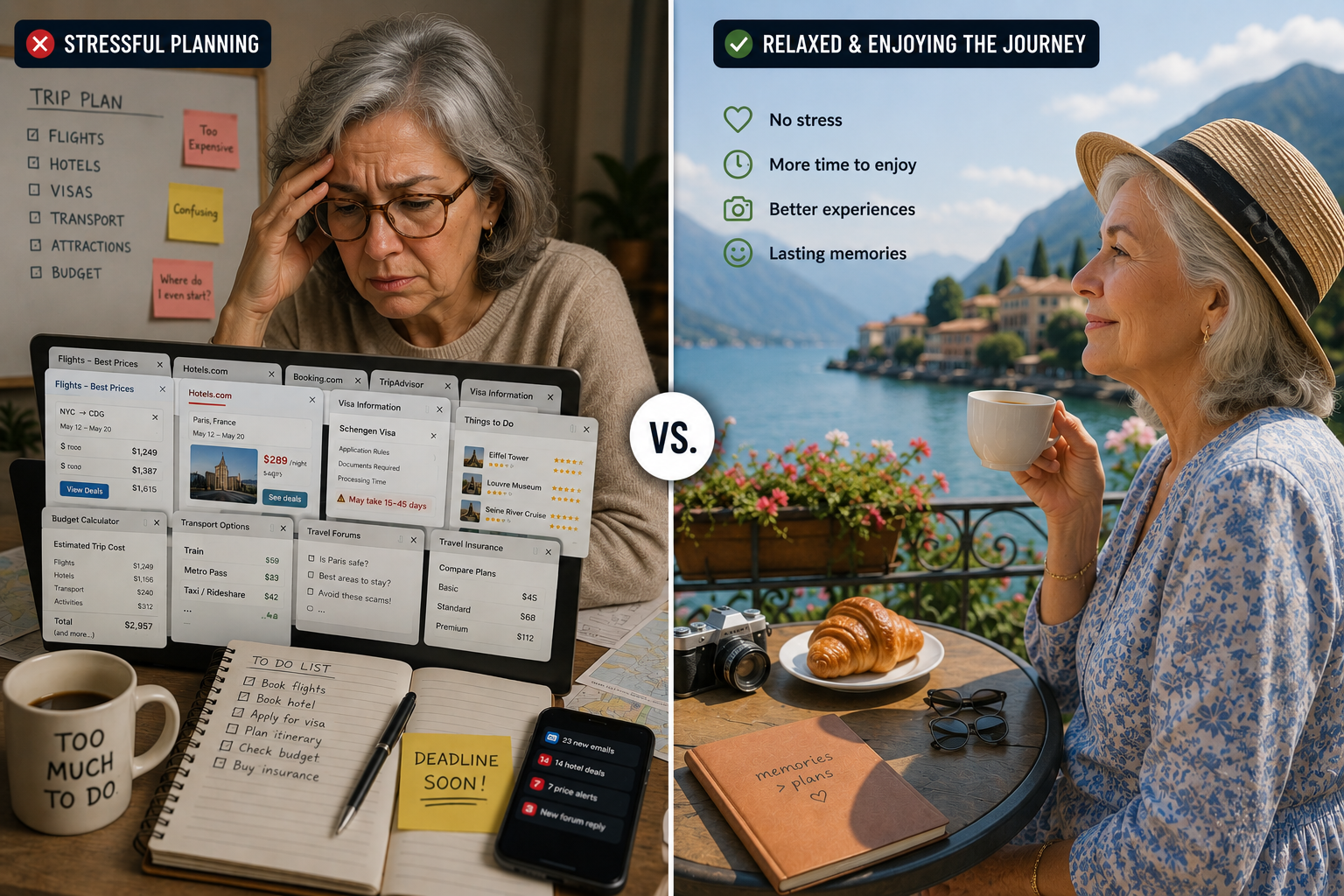 Comparison between stressful travel planning and intentional curated travel