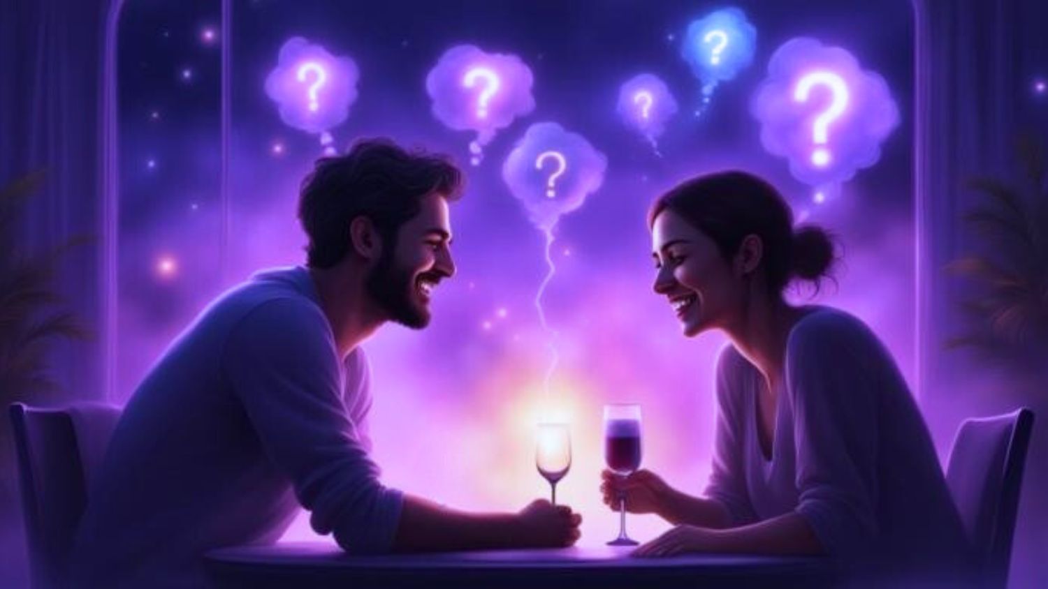 A couple enjoying a quiet moment together while glowing question marks float above them, symbolizing anxiety, overthinking, and the fear that something will go wrong even during happy moments.