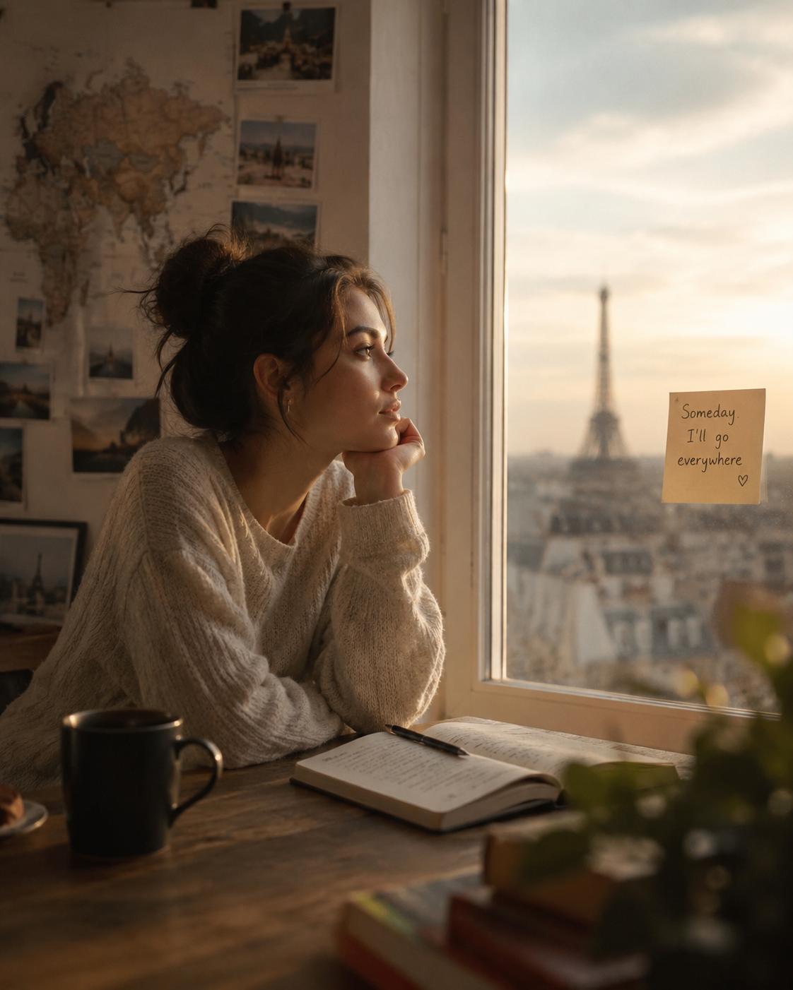 Woman gazing out a window with a dreamy, wistful expression, soft light - representing the longing to travel and the feeling of being stuck
