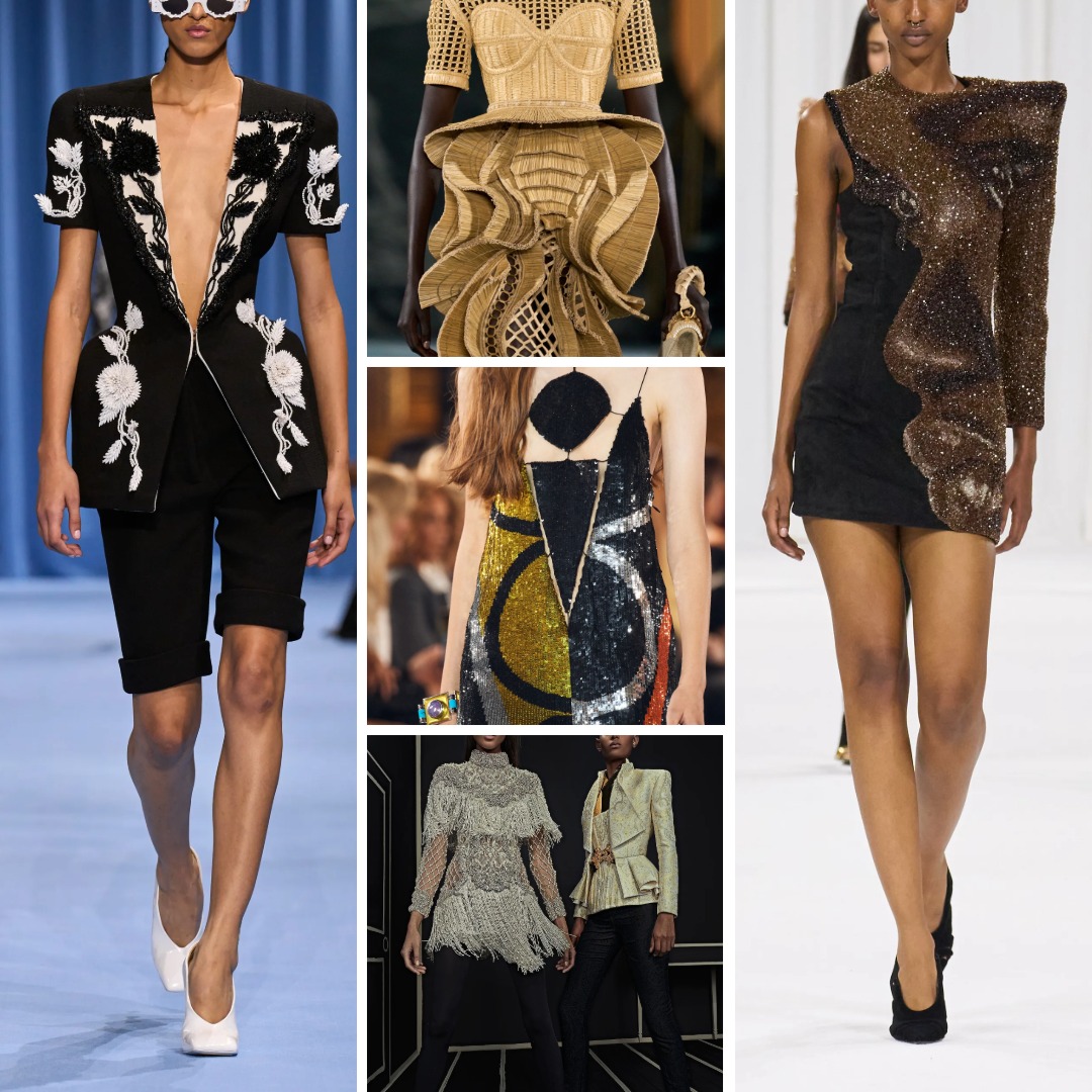 Collage of Balmain designs by Olivier Rousteing, showing sculpted corsets, embroidered jackets, and sequined mini dresses that combine precise tailoring with hand-applied embellishment.