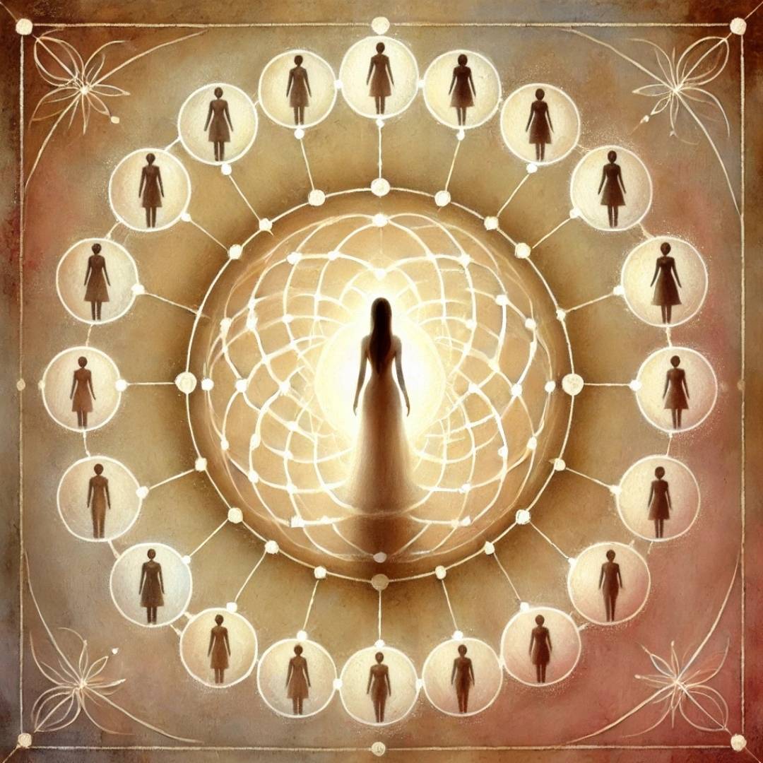 illustration symbolique d’une femme au centre d’un système familial, entourée de silhouettes reliées entre elles, représentant la lignée et les liens transgénérationnels