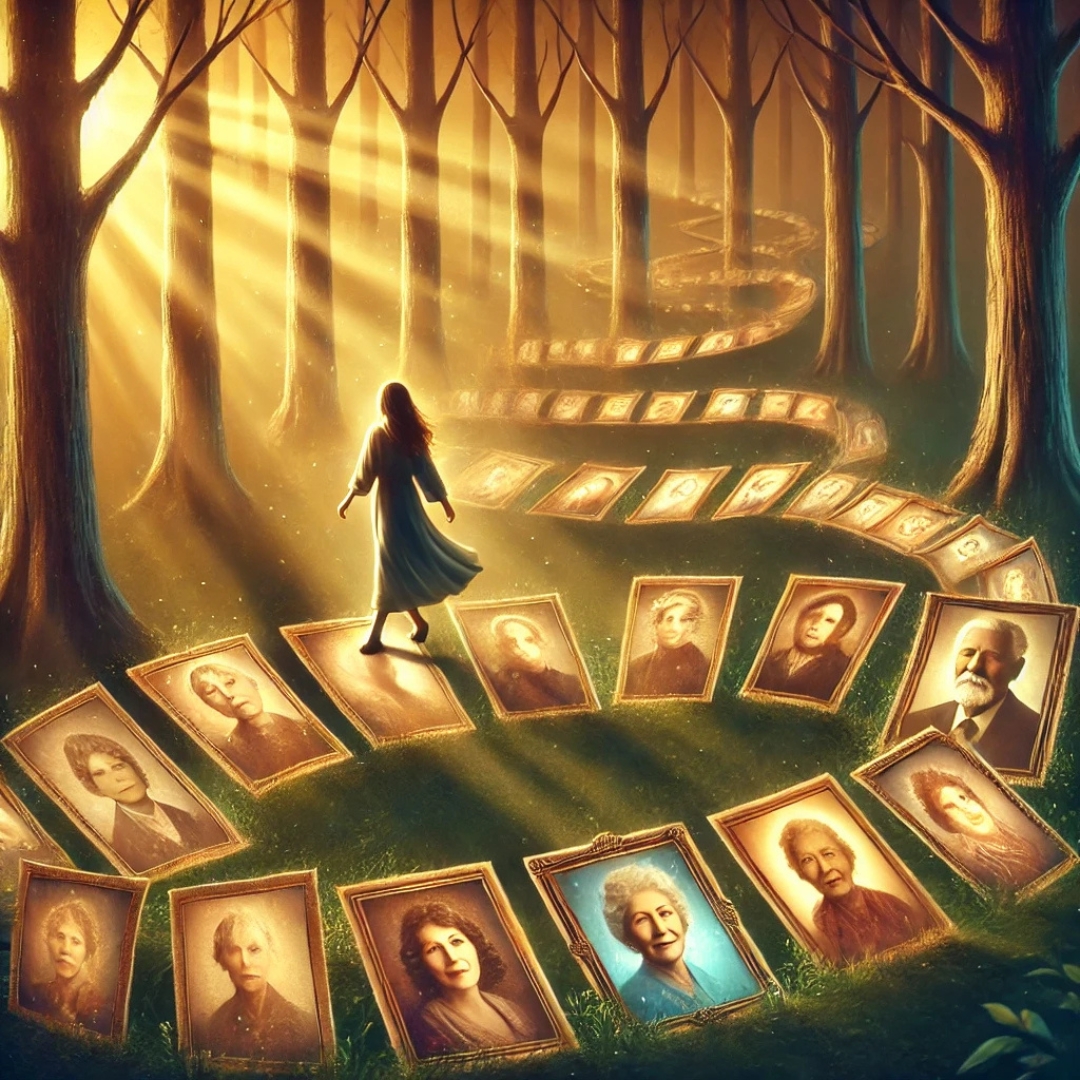Une femme marche sur un chemin formé de portraits anciens à travers une forêt lumineuse – une métaphore visuelle des blessures émotionnelles héritées de la lignée familiale.