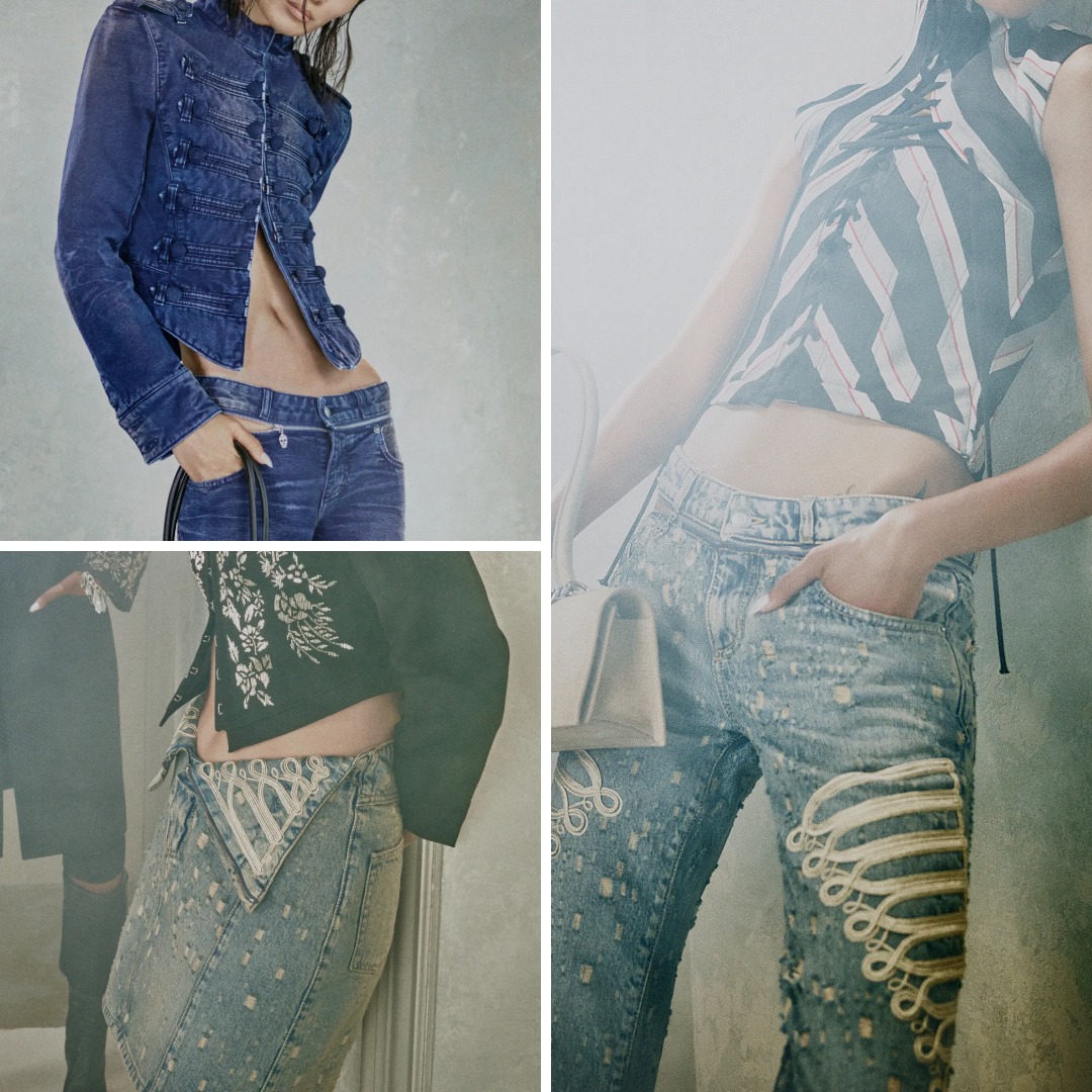 McQueen Pre-Autumn Winter 2026 denim with military-inspired frogging: a purple Uniform Denim Jacket with tonal frogging, a washed-blue Fold Over Mini Skirt and straight-leg jeans with metallic frogging embroidery.