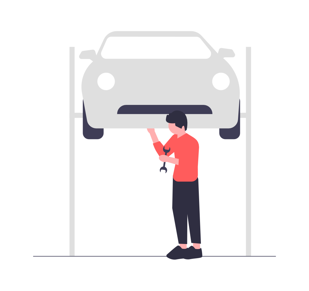An illustration of a car mechanic working on a car that is elevated