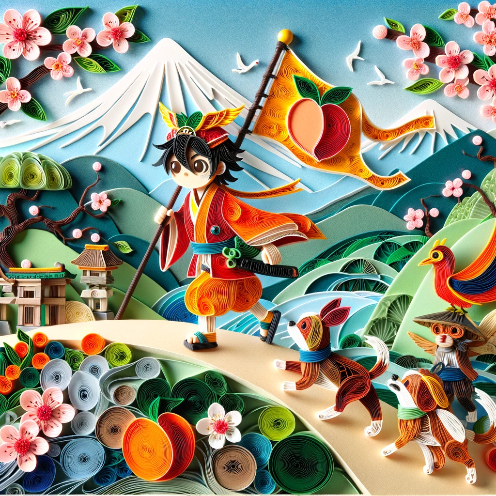 Momotaro caries a flag with a peach on it with dog, bird, and monkey following behind. Image in the style paper quilling.